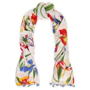 Tory Burch Women's White Red Yellow Silk Blend Floral Embellished Tassel Scarf